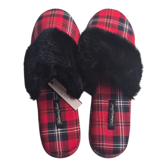 Victoria Secret Slippers Women Red/Black Plaid Fur Signature Mule Satin Sz M (8) - Picture 2 of 15